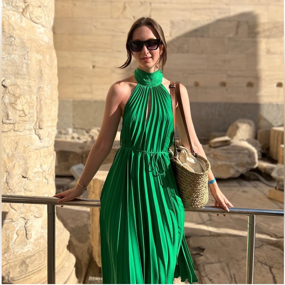 MANGO NWT BLOGGER FAVE Green Pleated Tie Neck Halter Midi Dress Sz 8 - Picture 15 of 17